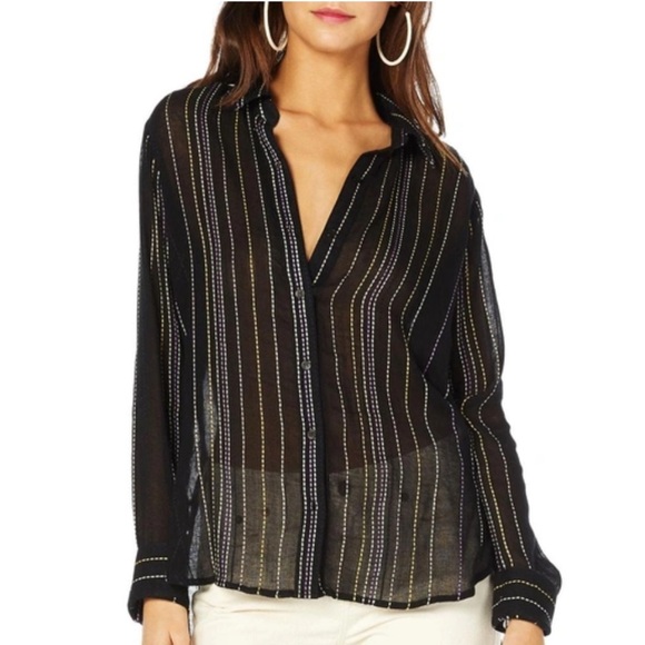 MICHAEL STARS Beach Stripe Boyfriend Shirt Black Size Medium Swim Coverup Tunic - Picture 1 of 7